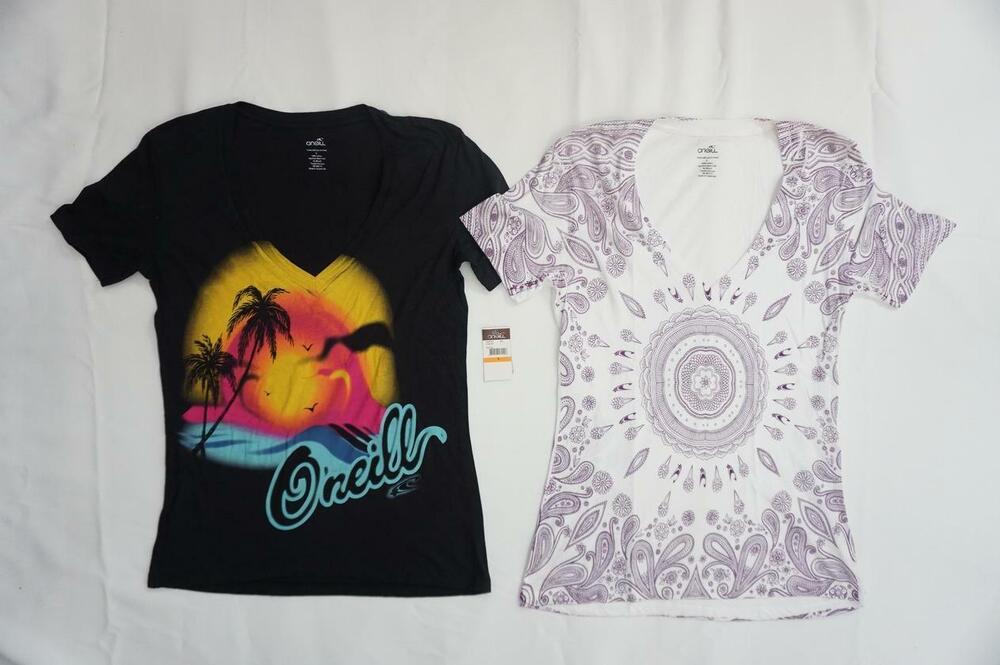 Vintage LOT OF 2 O'NEILL NOS WOMEN S T-SHIRTS BLACK/WHITE BOHO Surf 2005